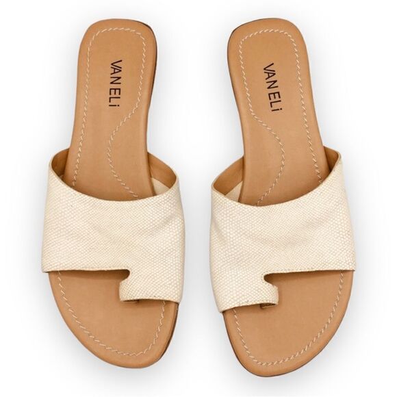 VAN ELi Tallis Cream Light Tan Snakeskin Embossed Leather Toe Loop Slide Sandals - Picture 1 of 16